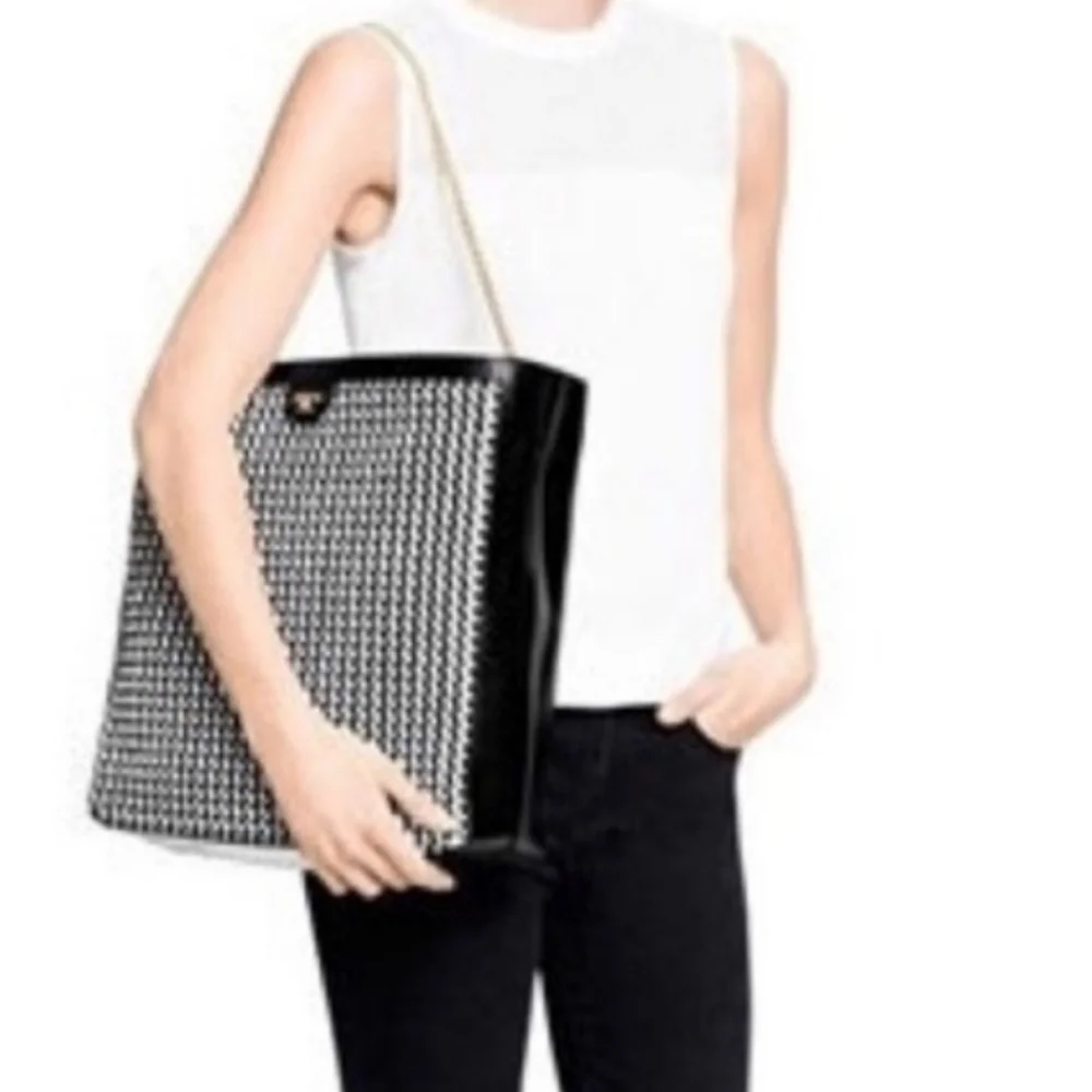 Tory Burch Erica Hobo Bag in Black and White Woven Leather